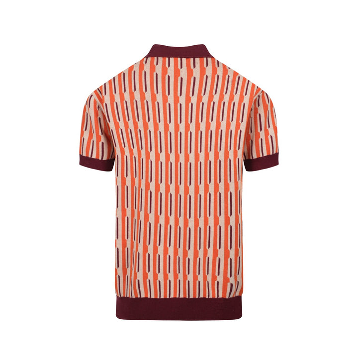 Herren-Poloshirt aus 70er-Jahre-Mod-Jacquard-Strick – vertikales Dash-Hemd in gebranntem Orange
