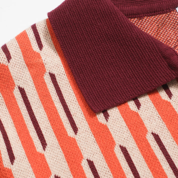 Herren-Poloshirt aus 70er-Jahre-Mod-Jacquard-Strick – vertikales Dash-Hemd in gebranntem Orange
