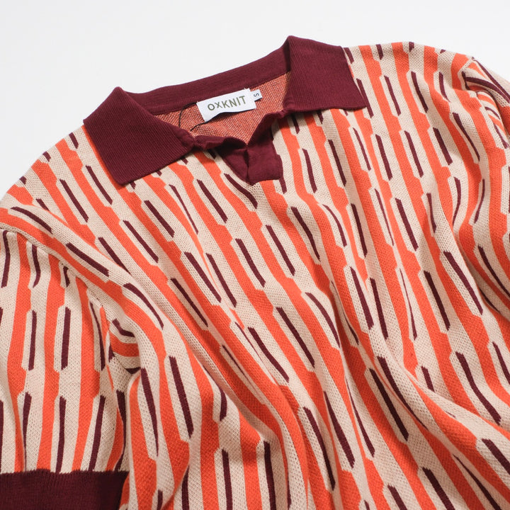 Herren-Poloshirt aus 70er-Jahre-Mod-Jacquard-Strick – vertikales Dash-Hemd in gebranntem Orange