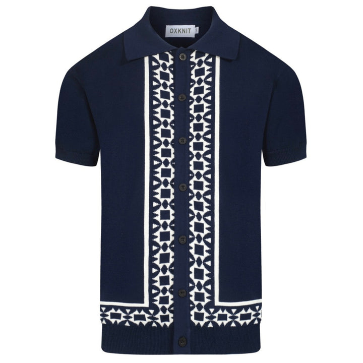 Men's 60s-Inspired Embroidered Knit Polo – Navy Button-Up Short Sleeve Shirt