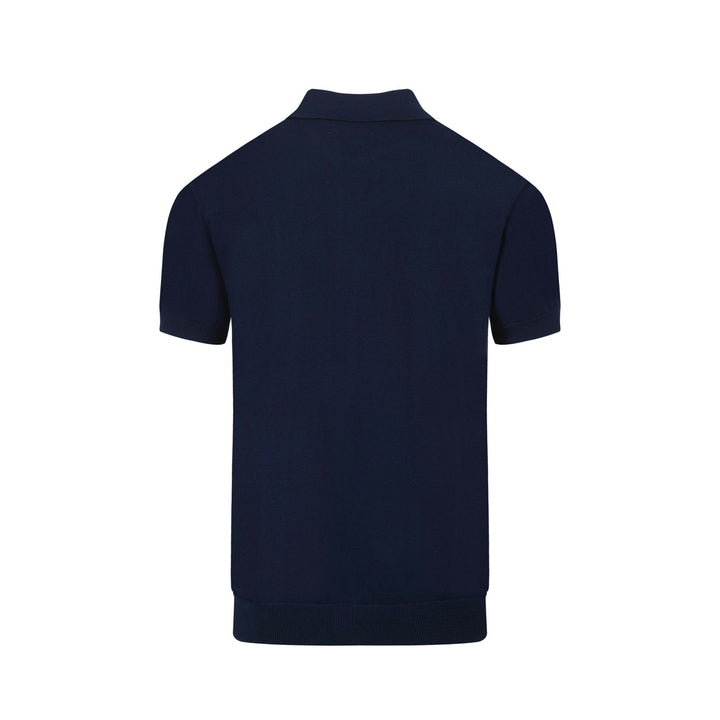 Men's 60s-Inspired Embroidered Knit Polo – Navy Button-Up Short Sleeve Shirt