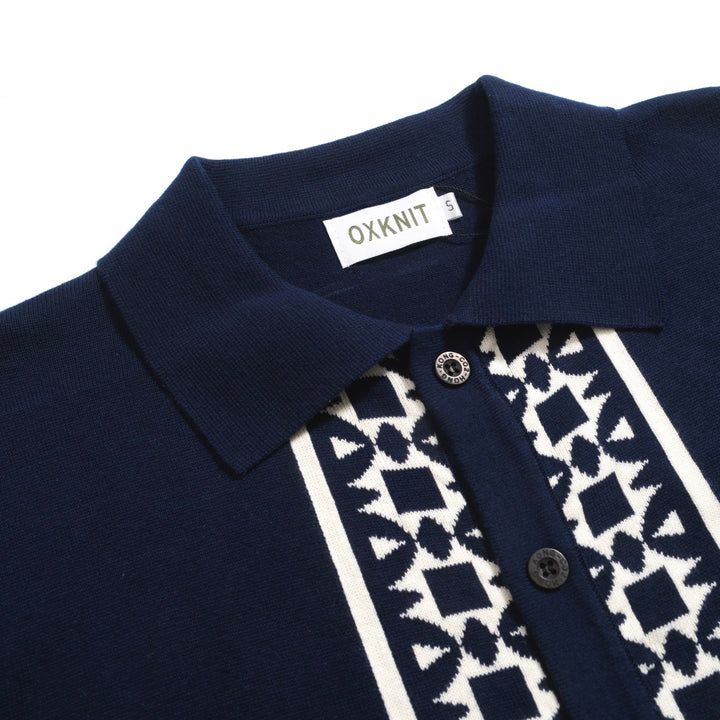 Men's 60s-Inspired Embroidered Knit Polo – Navy Button-Up Short Sleeve Shirt