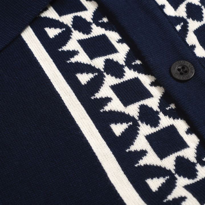 Men's 60s-Inspired Embroidered Knit Polo – Navy Button-Up Short Sleeve Shirt