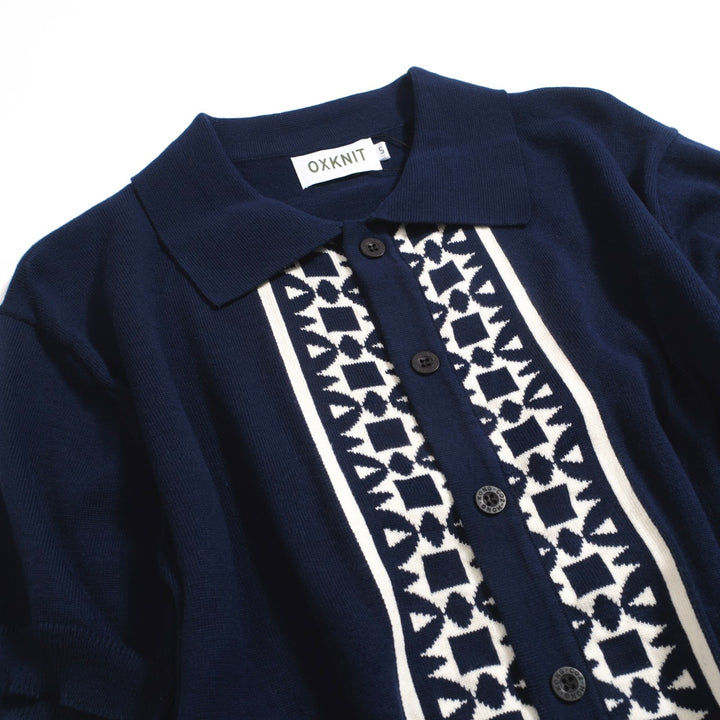 Men's 60s-Inspired Embroidered Knit Polo – Navy Button-Up Short Sleeve Shirt