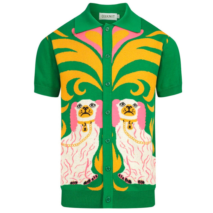 Retro-Strickhemd für Herren – Grünes Poloshirt mit Knopfleiste und Vintage-Hundemotiv & Psychedelischer Druck