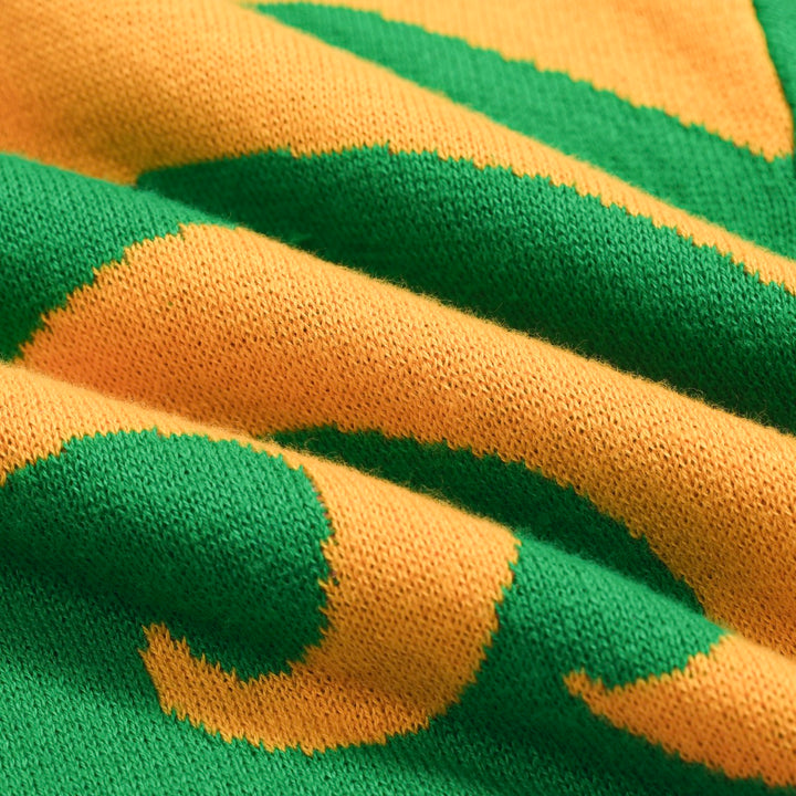 Retro-Strickhemd für Herren – Grünes Poloshirt mit Knopfleiste und Vintage-Hundemotiv & Psychedelischer Druck