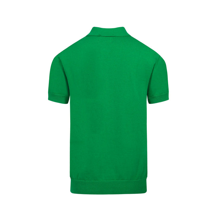 Retro-Strickhemd für Herren – Grünes Poloshirt mit Knopfleiste und Vintage-Hundemotiv & Psychedelischer Druck