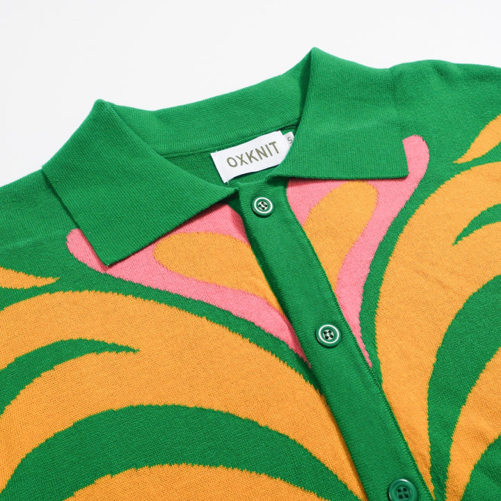 Retro-Strickhemd für Herren – Grünes Poloshirt mit Knopfleiste und Vintage-Hundemotiv & Psychedelischer Druck