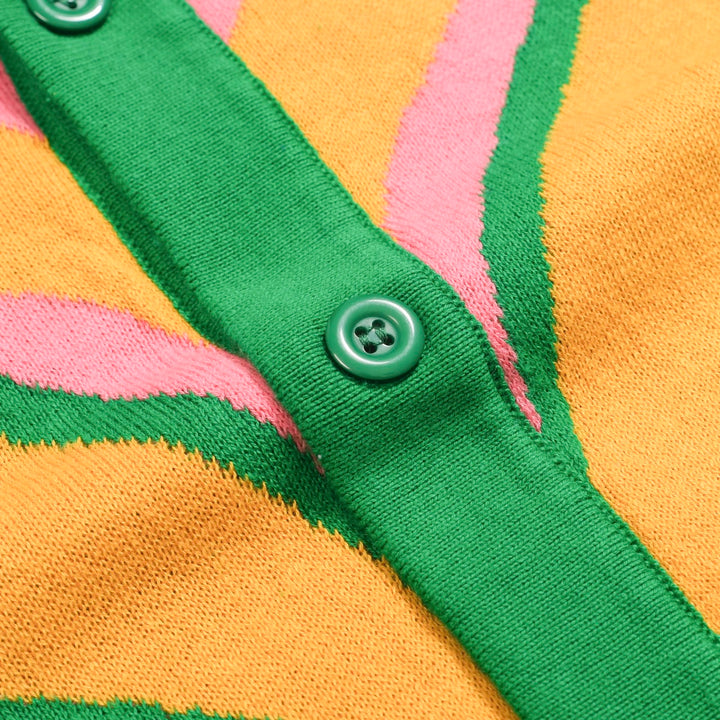 Retro-Strickhemd für Herren – Grünes Poloshirt mit Knopfleiste und Vintage-Hundemotiv & Psychedelischer Druck