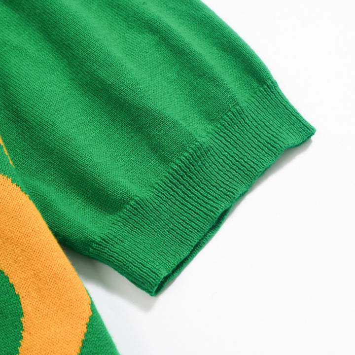 Retro-Strickhemd für Herren – Grünes Poloshirt mit Knopfleiste und Vintage-Hundemotiv & Psychedelischer Druck