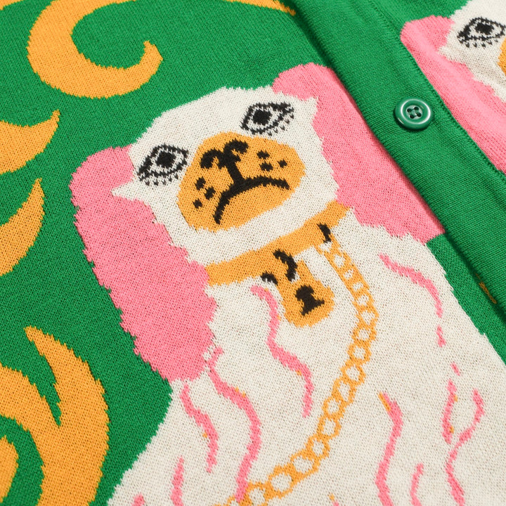 Retro-Strickhemd für Herren – Grünes Poloshirt mit Knopfleiste und Vintage-Hundemotiv & Psychedelischer Druck