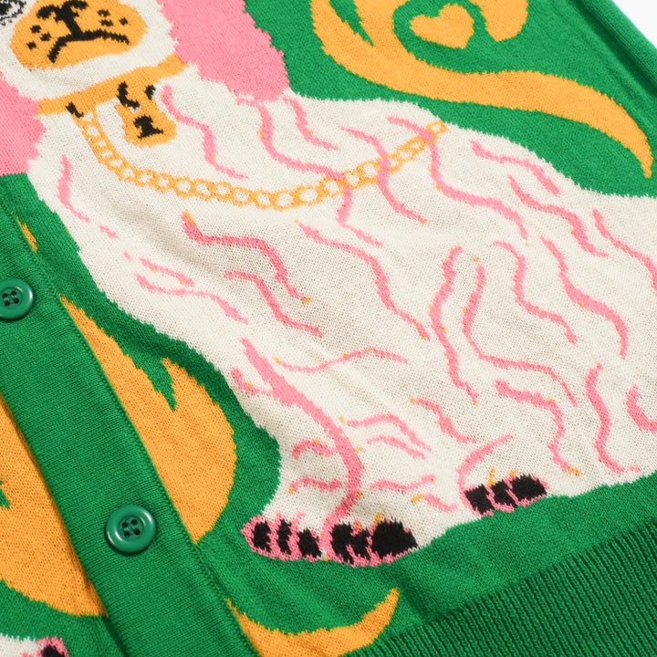 Retro-Strickhemd für Herren – Grünes Poloshirt mit Knopfleiste und Vintage-Hundemotiv & Psychedelischer Druck
