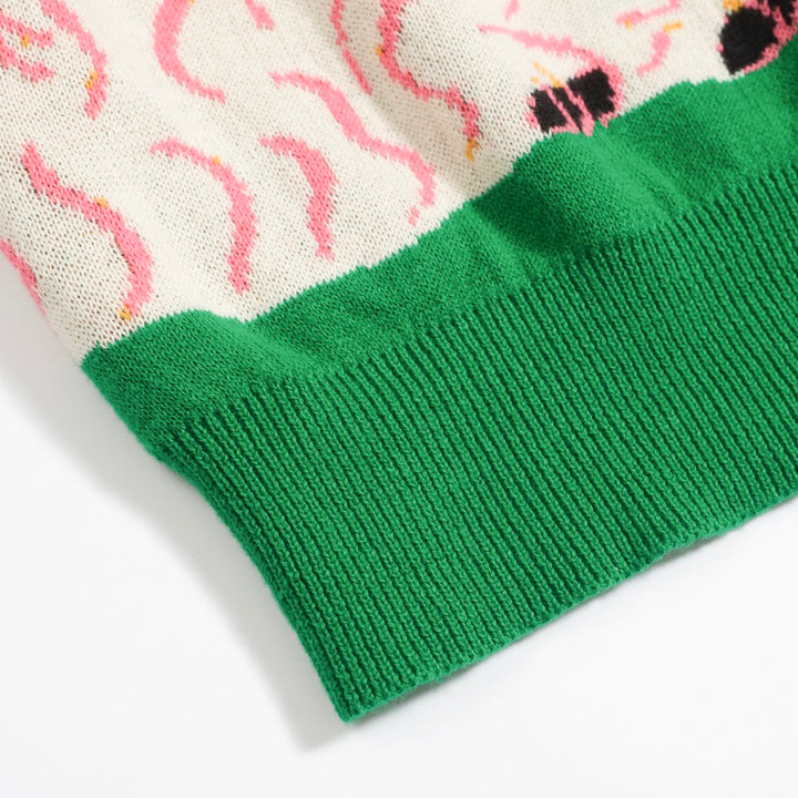 Retro-Strickhemd für Herren – Grünes Poloshirt mit Knopfleiste und Vintage-Hundemotiv & Psychedelischer Druck