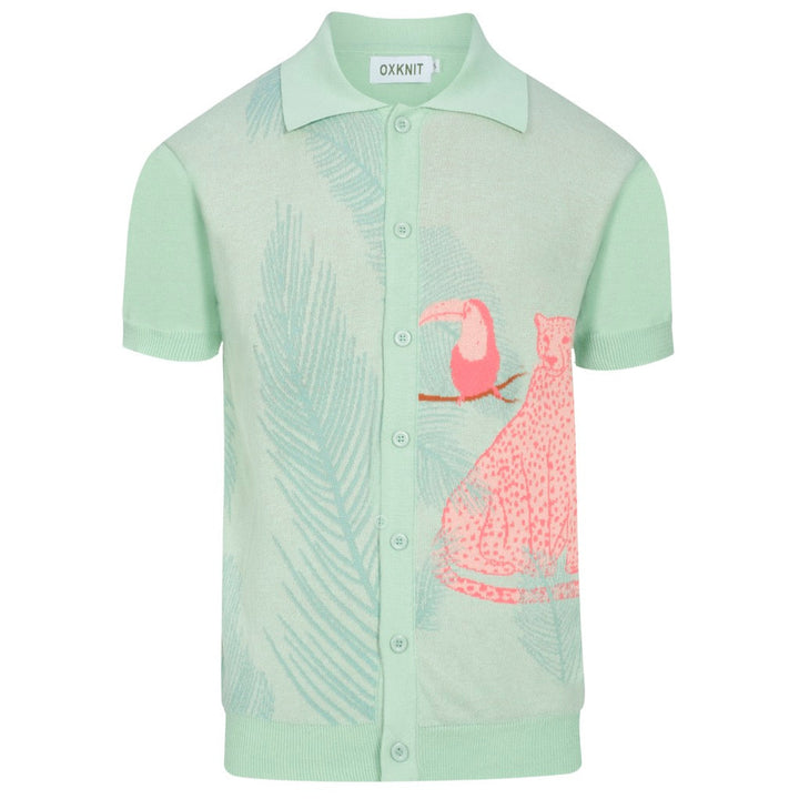 Men's Tropical Jungle Knit Shirt – Mint Green Button-Up with Toucan and Leopard