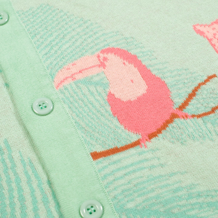 Men's Tropical Jungle Knit Shirt – Mint Green Button-Up with Toucan and Leopard