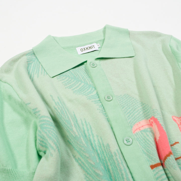 Men's Tropical Jungle Knit Shirt – Mint Green Button-Up with Toucan and Leopard