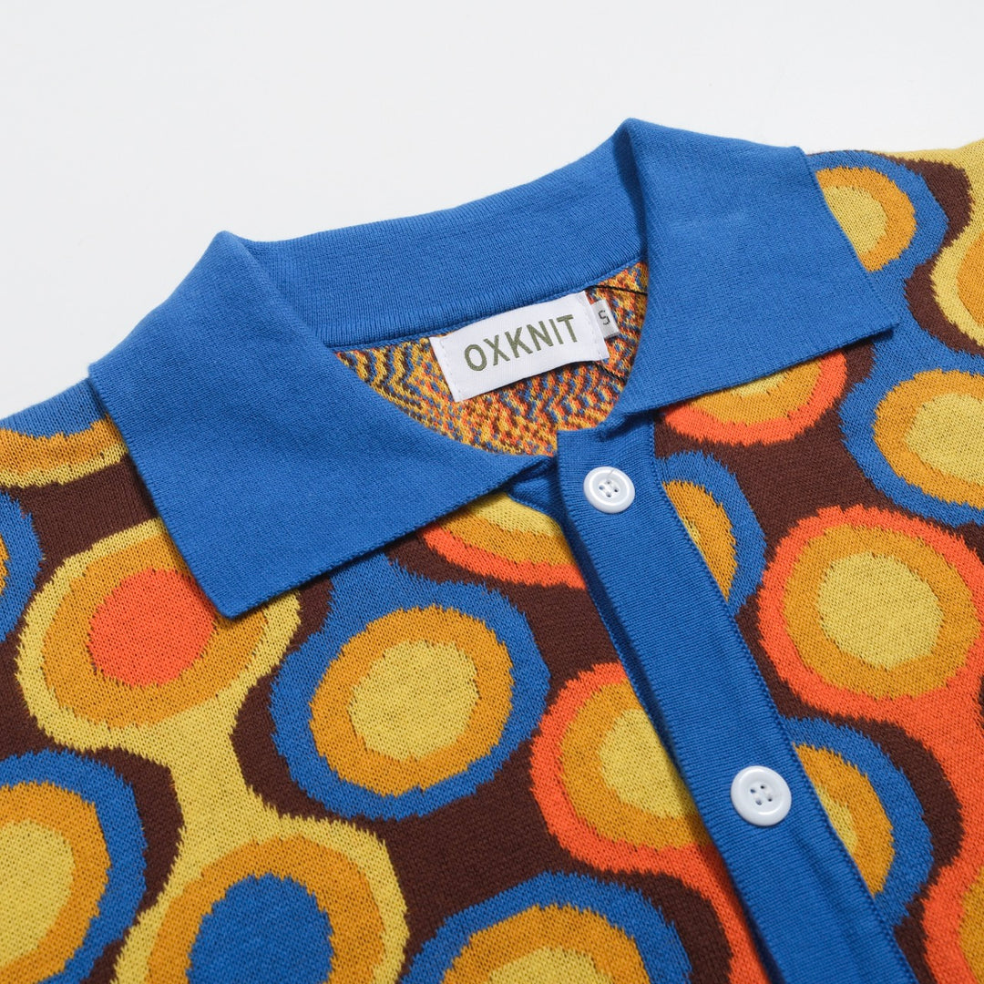 Men's Mod Circle Print Knit Polo – 60s Pop Art Style Short Sleeve Shirt