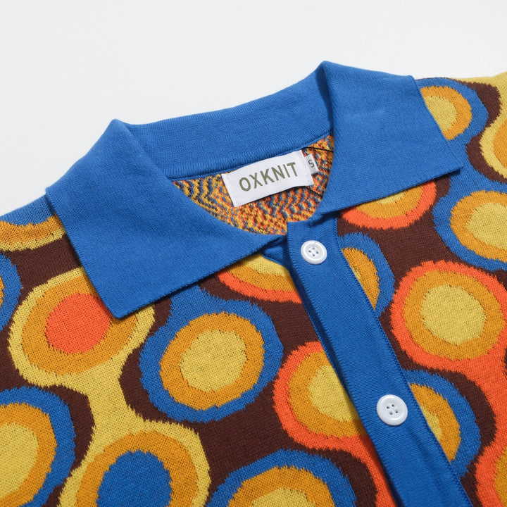 Men's Mod Circle Print Knit Polo – 60s Pop Art Style Short Sleeve Shirt