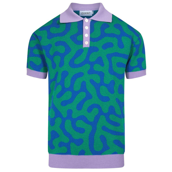 Polo masculino de malha abstrata Squiggle – camisa verde e azul inspirada nos anos 80