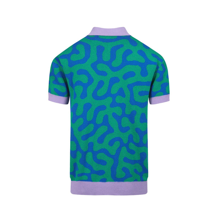 Polo masculino de malha abstrata Squiggle – camisa verde e azul inspirada nos anos 80