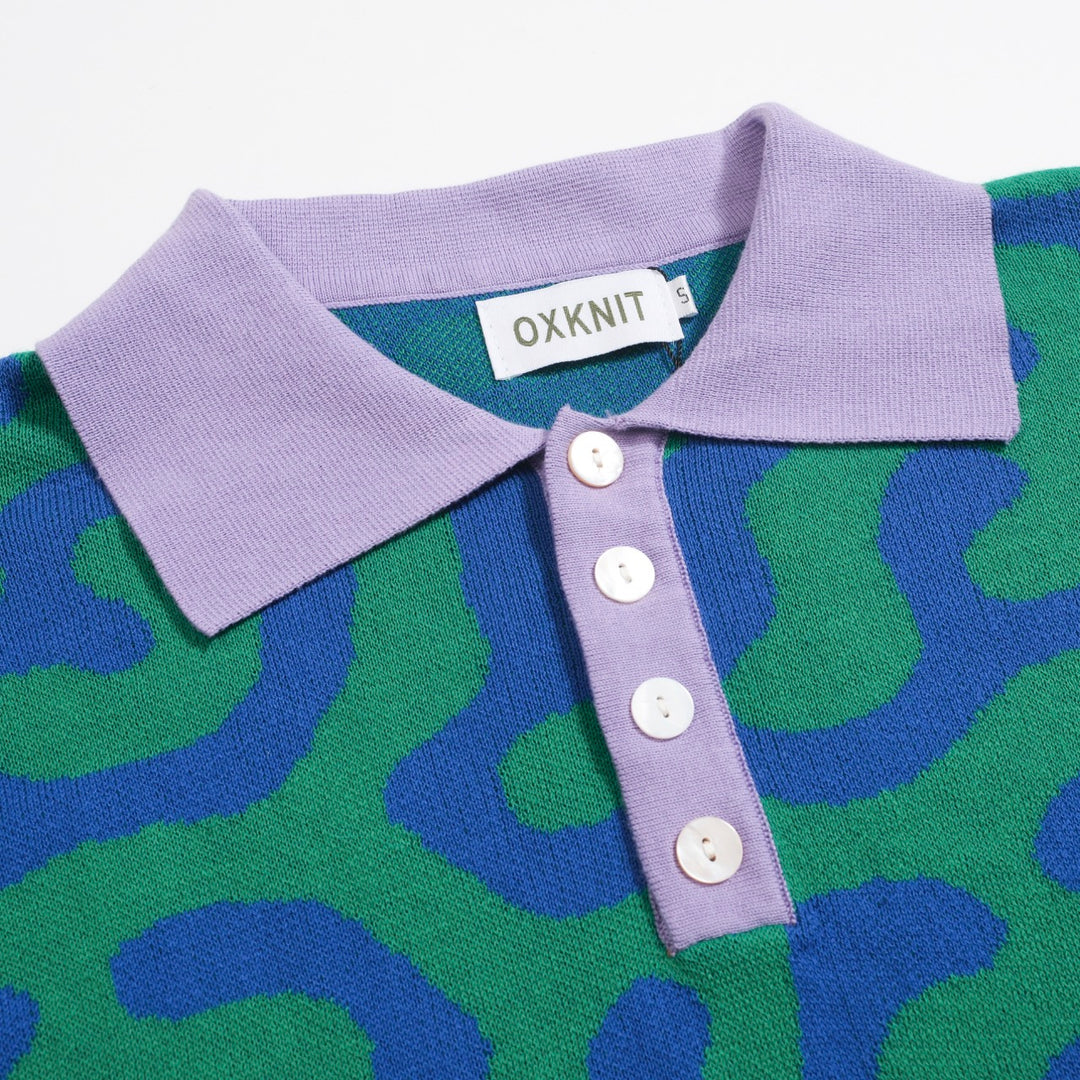 Ανδρικό Abstract Squiggle Knit Polo – Πράσινο και Μπλε πουκάμισο εμπνευσμένο από τη δεκαετία του '80