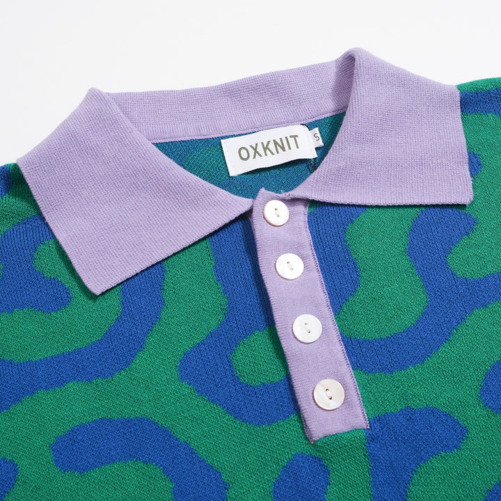 Polo masculino de malha abstrata Squiggle – camisa verde e azul inspirada nos anos 80