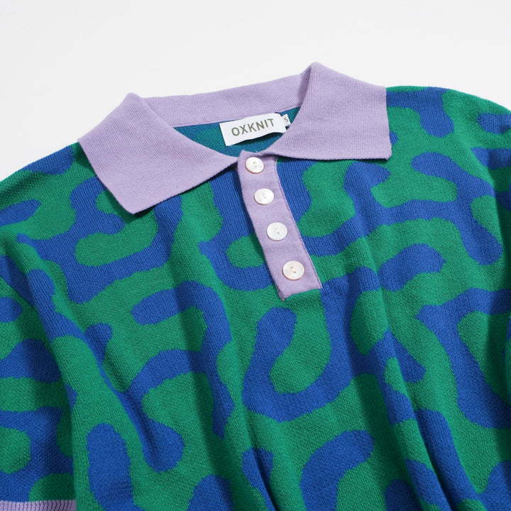 Polo masculino de malha abstrata Squiggle – camisa verde e azul inspirada nos anos 80