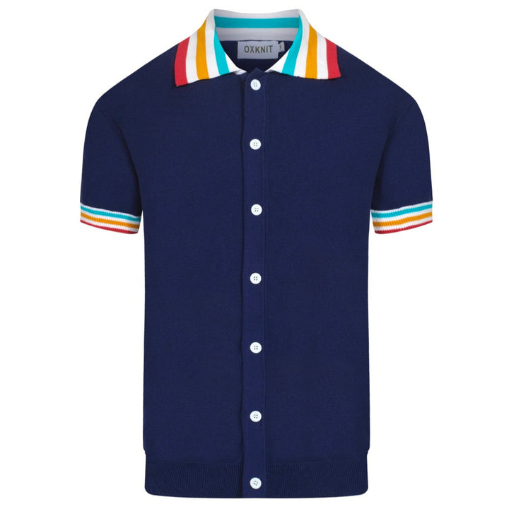 Men's Navy Knit Polo Shirt – Rainbow Trim 60s Mod Button-Up