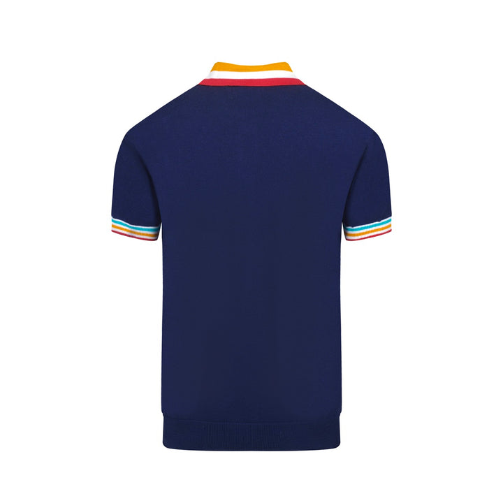Men's Navy Knit Polo Shirt – Rainbow Trim 60s Mod Button-Up