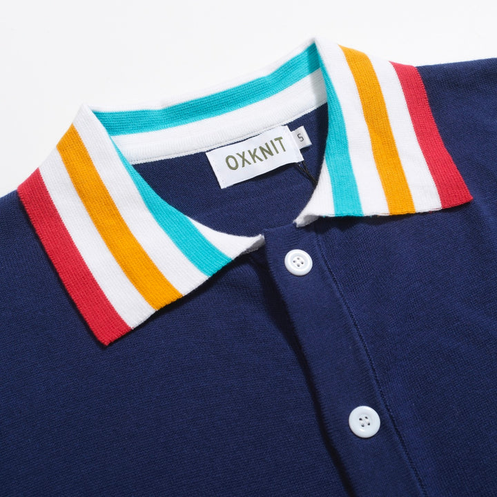 Men's Navy Knit Polo Shirt – Rainbow Trim 60s Mod Button-Up
