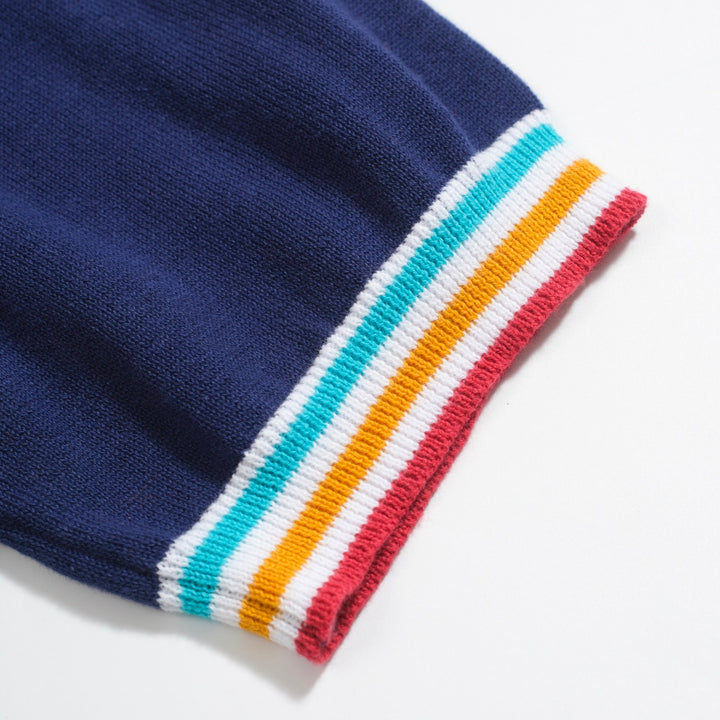 Men's Navy Knit Polo Shirt – Rainbow Trim 60s Mod Button-Up