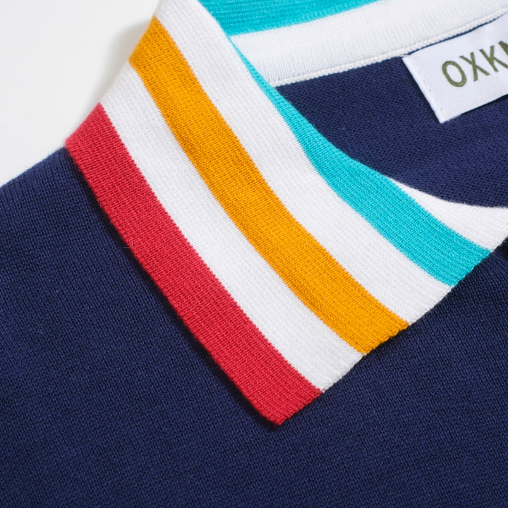 Men's Navy Knit Polo Shirt – Rainbow Trim 60s Mod Button-Up