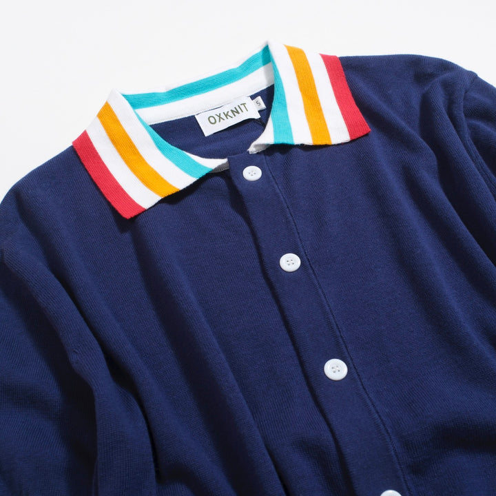 Men's Navy Knit Polo Shirt – Rainbow Trim 60s Mod Button-Up
