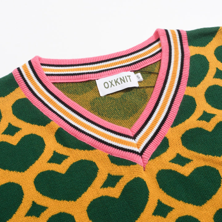 Women's green love match color V-neck knitwear