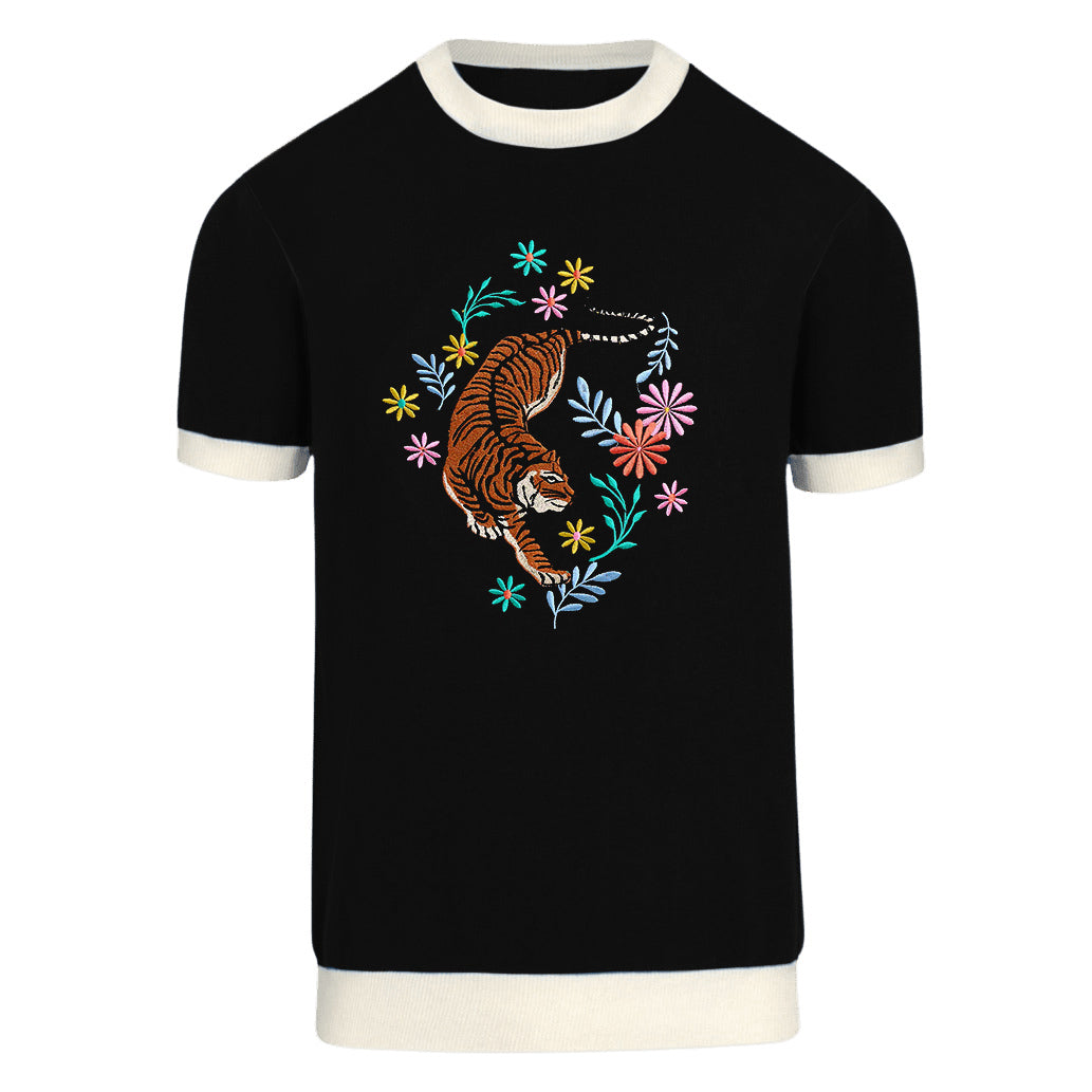 Heren tijger geborduurd zwart gebreide t-shirt