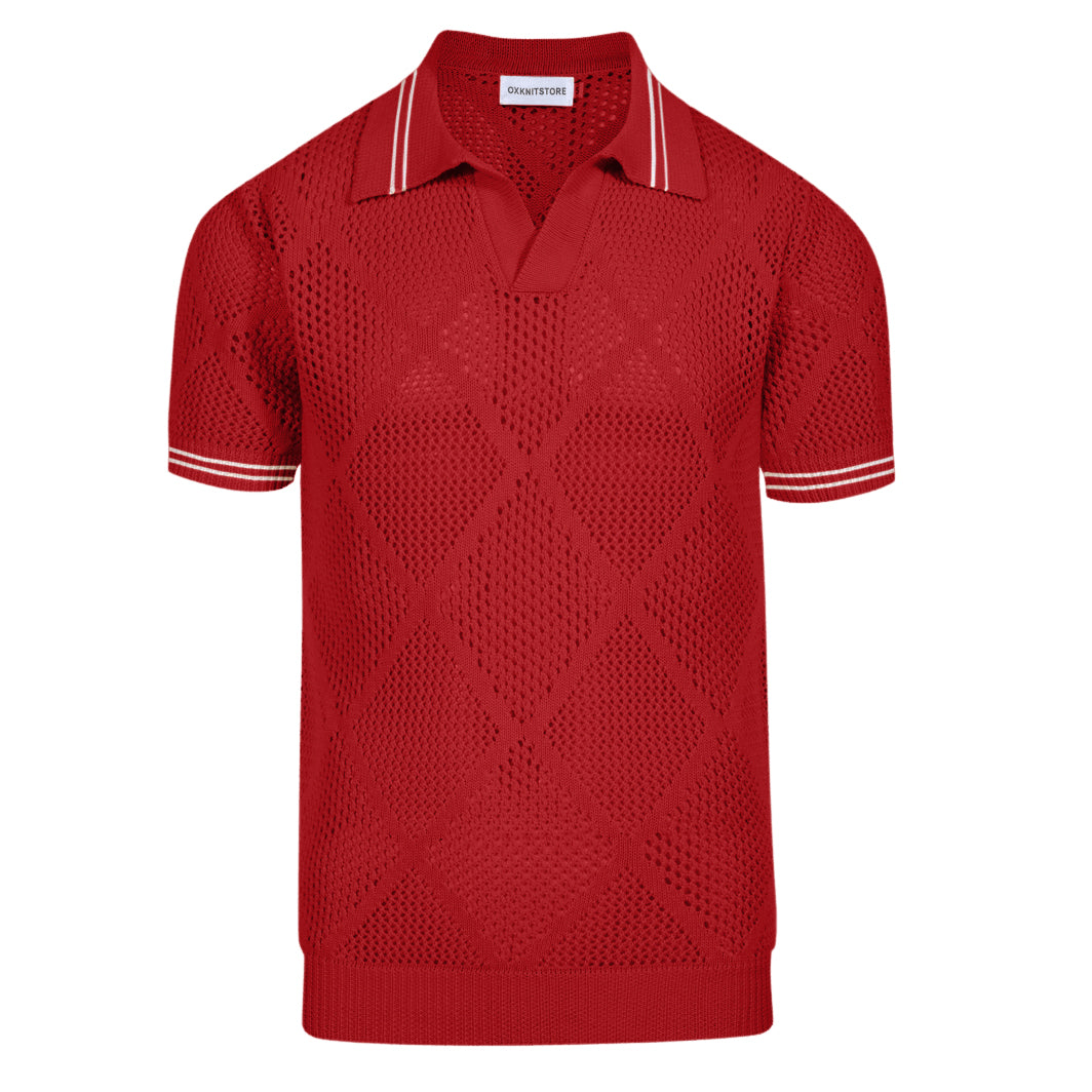 Men's vintage red knit V-neck polo shirt