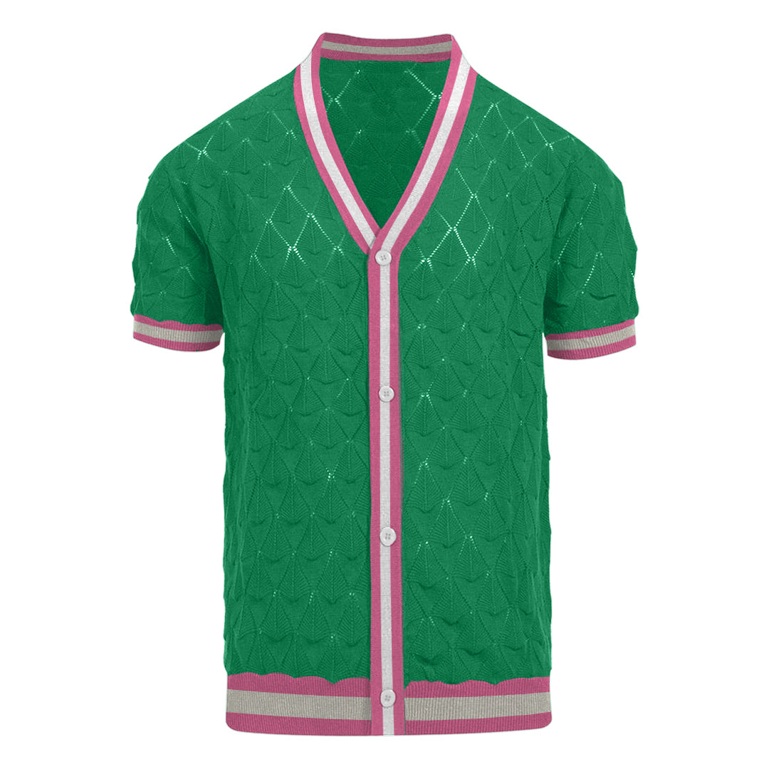 Men's green striped knit V-neck cardigan