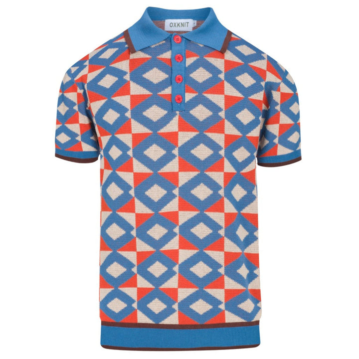 Men's blue jacquard vintage knit polo shirt