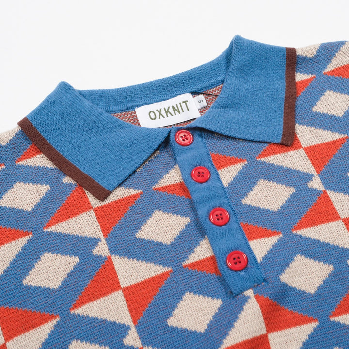 Men's blue jacquard vintage knit polo shirt