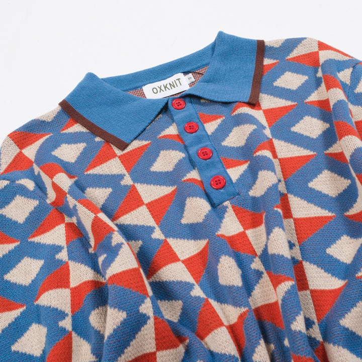 Men's blue jacquard vintage knit polo shirt