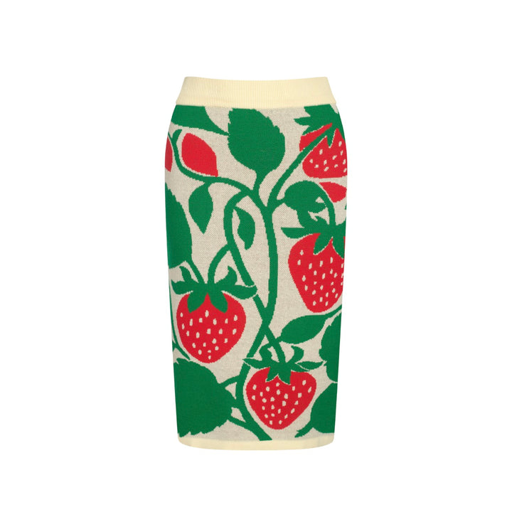 Women’s Retro Strawberry Print Knit Set with Crop Top & Pencil Skirt