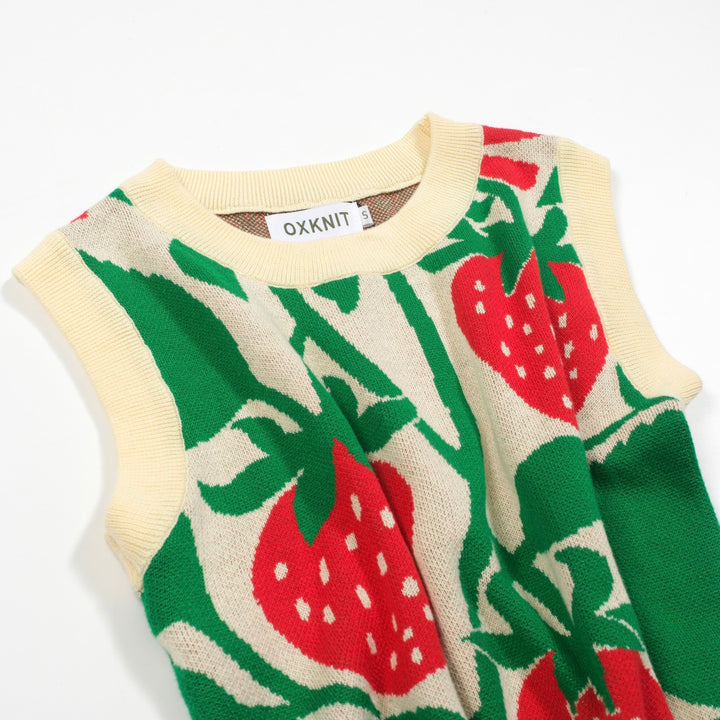Women’s Retro Strawberry Print Knit Set with Crop Top & Pencil Skirt