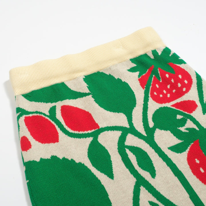 Women’s Retro Strawberry Print Knit Set with Crop Top & Pencil Skirt