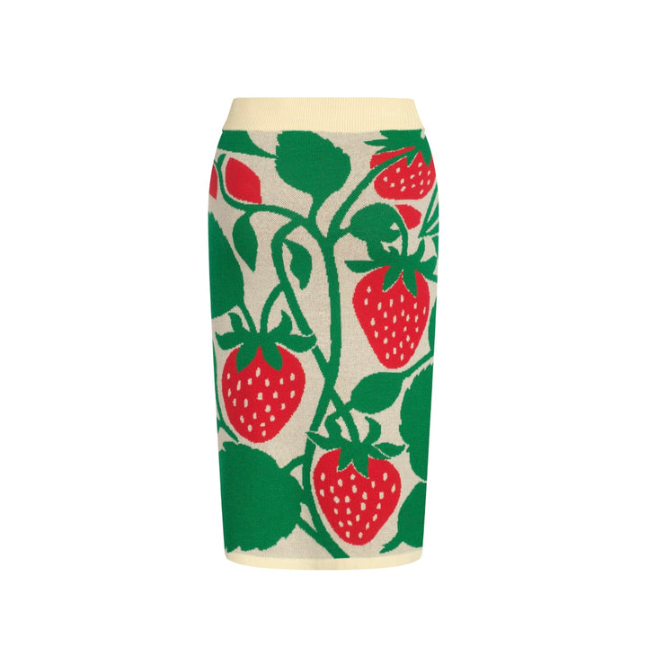 Women’s Retro Strawberry Print Knit Set with Crop Top & Pencil Skirt