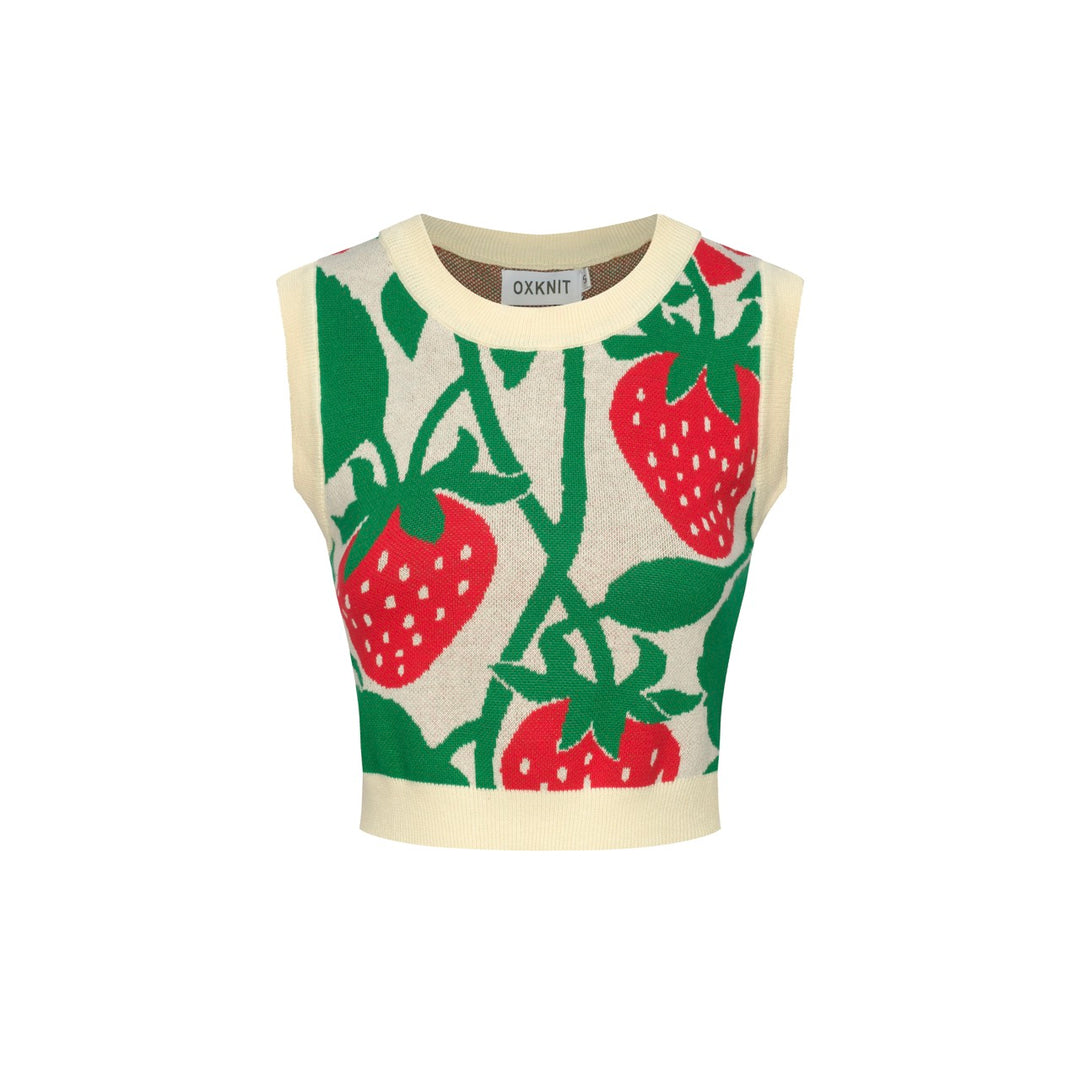 Women’s Retro Strawberry Print Knit Set with Crop Top & Pencil Skirt