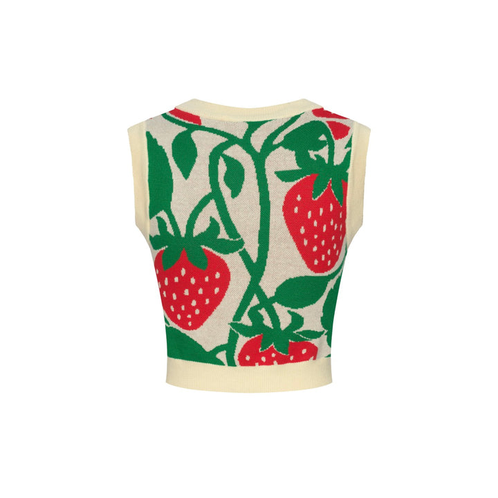 Women’s Retro Strawberry Print Knit Set with Crop Top & Pencil Skirt