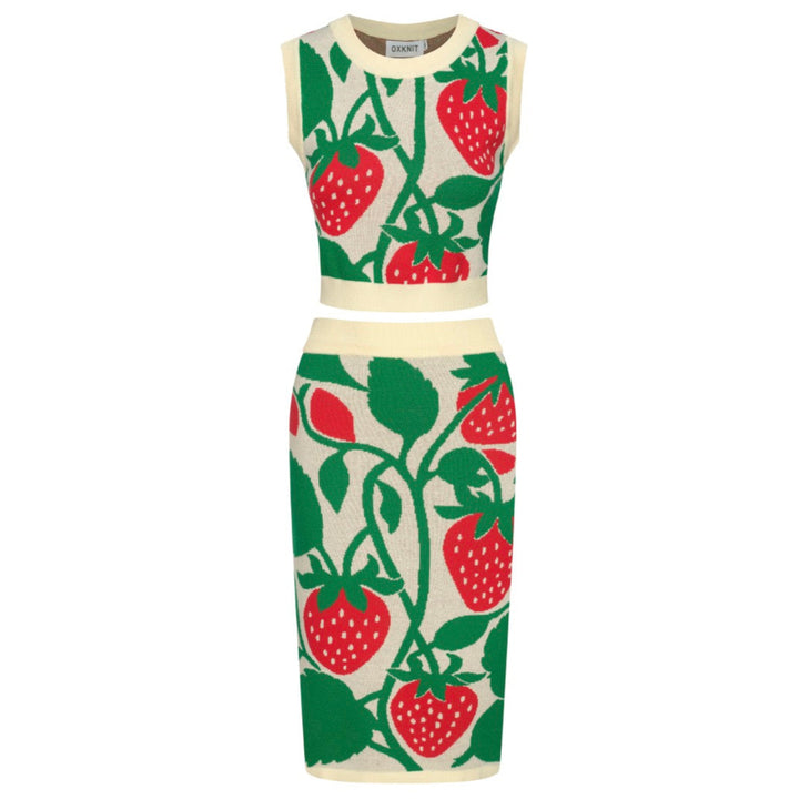 Women’s Retro Strawberry Print Knit Set with Crop Top & Pencil Skirt