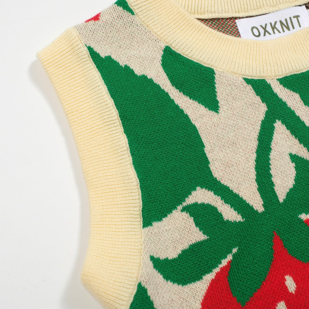 Women’s Retro Strawberry Print Knit Set with Crop Top & Pencil Skirt