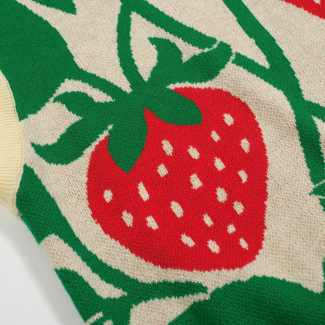 Women’s Retro Strawberry Print Knit Set with Crop Top & Pencil Skirt