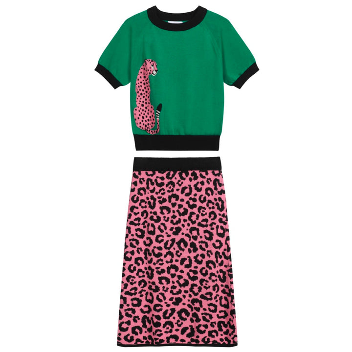 Grünes Damen-Strickset mit Leopardenmuster und rosa Leopardengrafik